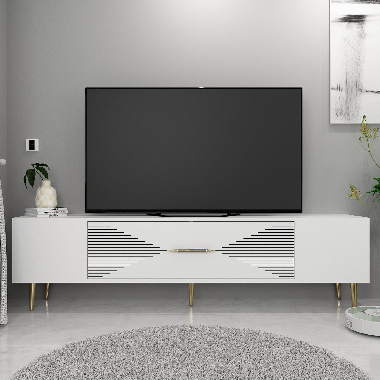 Comoda TV, Hanah Home, Dekol1, 150x48.2x29.6 cm, Alb/Auriu - imagine 7